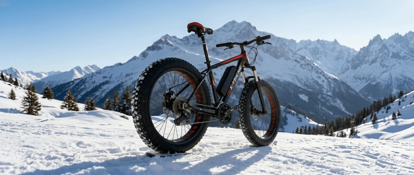 Meihanda fat-tyre mountain bike on a snow-covered mountain trail