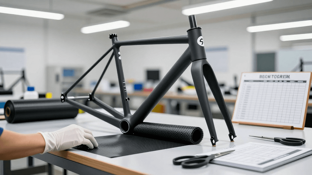 Carbon fibre prepreg hand layup onto a bicycle frame mould