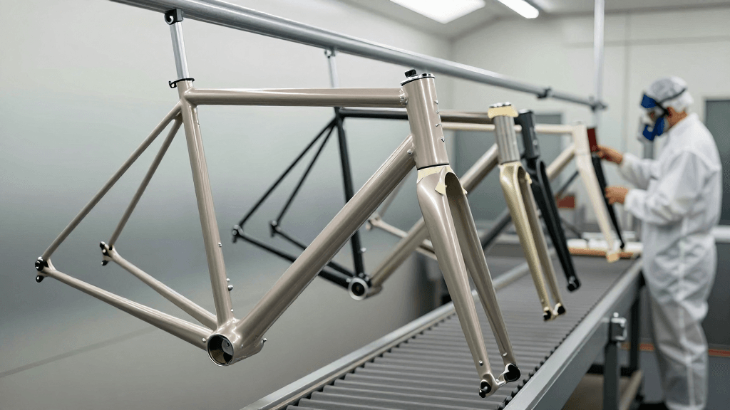 Bicycle frames in the painting and clear coat booth