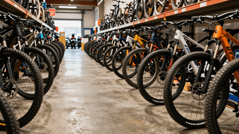 Bicicletas de montaña alineadas en el pasillo de un almacén mayorista