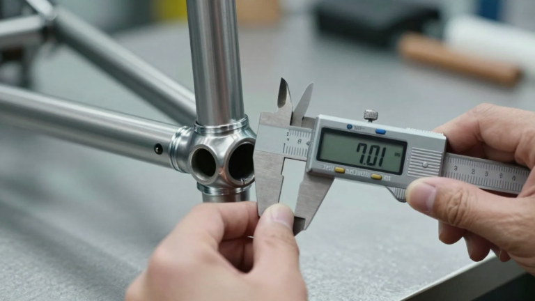 Medición con calibre digital de la soldadura de un cuadro de bicicleta