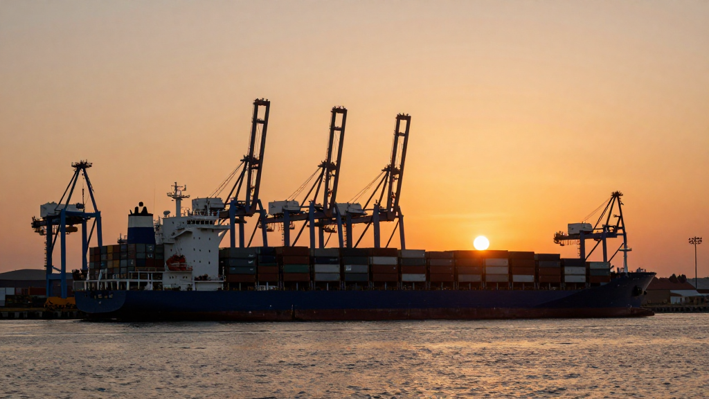Buque portacontenedores llegando a una terminal europea al atardecer