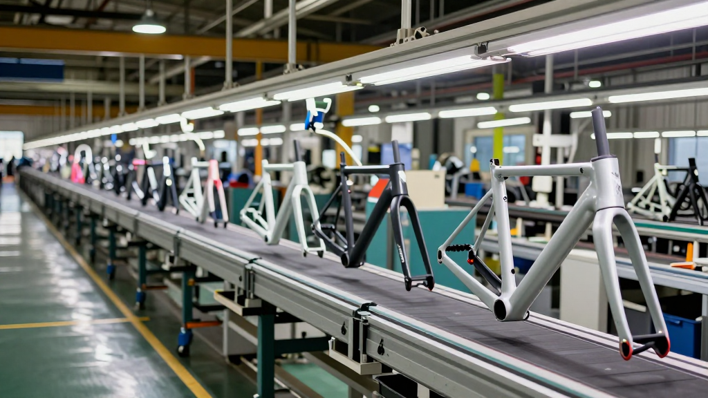 Línea de montaje de bicicletas con cuadros en distintas fases